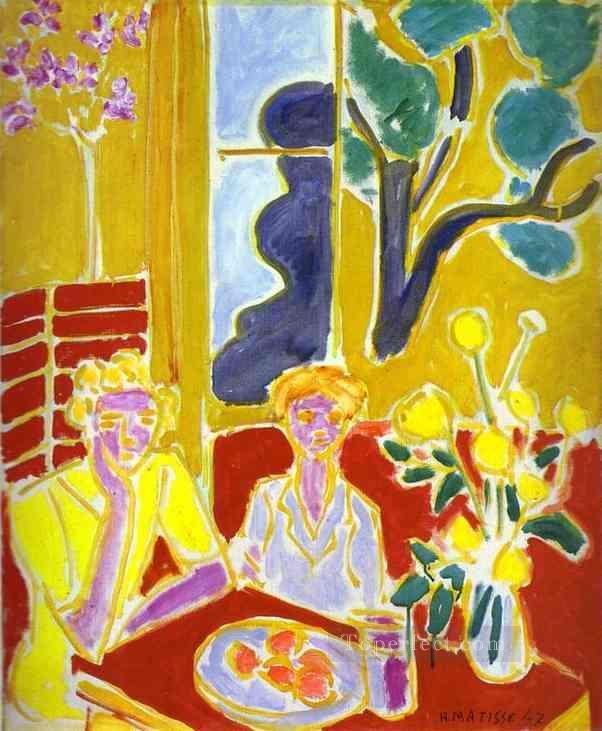 Two Girls with Yellow and Red Background 1947 Fauvist Oil Paintings